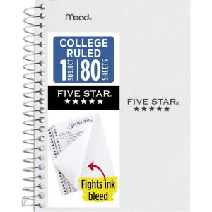 image:imageFive Star Spiral Notebook 1 Subject College Ruled Paper 438 x 7 Personal Size 80 Sheets Fights Ink Bleed Water Resistant Cover White 450048EWhite