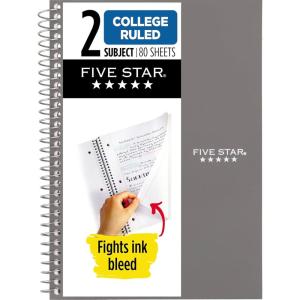 image:imageFive Star Spiral Notebook 2 Subject College Ruled Paper 6 x 912 80 Sheets Fights Ink Bleed Water Resistant Cover Prom Pink 840029RGray