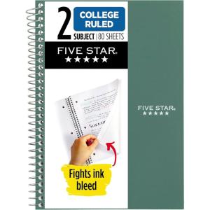 image:imageFive Star Spiral Notebook 2 Subject College Ruled Paper 6 x 912 80 Sheets Fights Ink Bleed Water Resistant Cover Prom Pink 840029RSeaglass Green