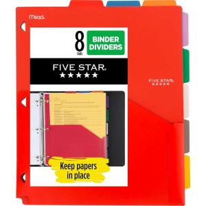 image:imageFive Star 8Tab Binder Pocket Dividers Plastic Tabbed Divider with Pocket 934 x 11 3Hole Punched 8 Count Assorted Colors 201590