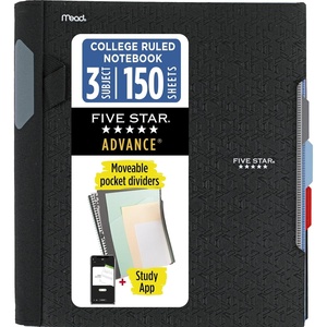 image:imageFive Star Advance Spiral Notebook  Study App 3 Subject 85 x 11 College Ruled Paper 150 Sheets Spiral Guard Movable Tabbed Dividers Prom Pink 820060RBlack