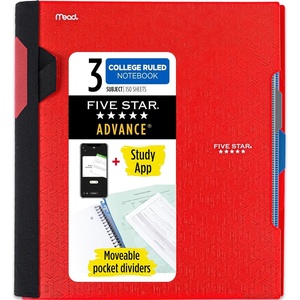image:imageFive Star Advance Spiral Notebook  Study App 3 Subject 85 x 11 College Ruled Paper 150 Sheets Spiral Guard Movable Tabbed Dividers Prom Pink 820060RFire Red