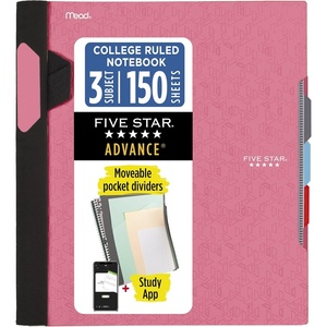 image:imageFive Star Advance Spiral Notebook  Study App 3 Subject 85 x 11 College Ruled Paper 150 Sheets Spiral Guard Movable Tabbed Dividers Prom Pink 820060RProm Pink
