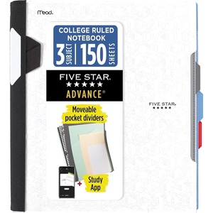 image:imageFive Star Advance Spiral Notebook  Study App 3 Subject 85 x 11 College Ruled Paper 150 Sheets Spiral Guard Movable Tabbed Dividers Prom Pink 820060RWhite
