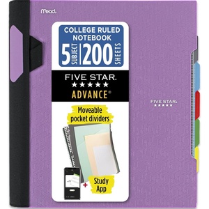 image:imageFive Star Advance Spiral Notebook  Study App 5 Subject 85 x 11 College Ruled Paper 200 Sheets Spiral Guard Movable Tabbed Dividers Prom Pink 820013RAmethyst Purple