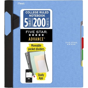image:imageFive Star Advance Spiral Notebook  Study App 5 Subject 85 x 11 College Ruled Paper 200 Sheets Spiral Guard Movable Tabbed Dividers Prom Pink 820013RBlue