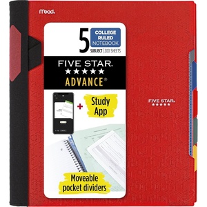 image:imageFive Star Advance Spiral Notebook  Study App 5 Subject 85 x 11 College Ruled Paper 200 Sheets Spiral Guard Movable Tabbed Dividers Prom Pink 820013RFire Red