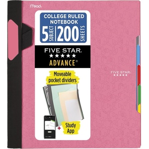 image:imageFive Star Advance Spiral Notebook  Study App 5 Subject 85 x 11 College Ruled Paper 200 Sheets Spiral Guard Movable Tabbed Dividers Prom Pink 820013RProm Pink