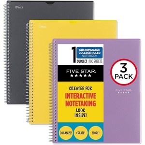image:imageFive Star Interactive Notetaking Spiral Notebooks 3 Pack 1 Subject College Ruled Paper 11 x 812 100 Sheets Customizable Cover Red Cobalt Blue Yellow 820042Black  Purple  Yellow