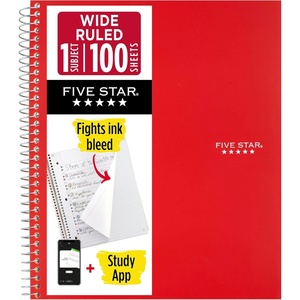 image:imageFive Star Spiral Notebook  Study App 1 Subject Wide Ruled Paper 8 x 105 100 Sheets Fights Ink Bleed Water Resistant Cover Vivid Yellow 930010CJ1Red