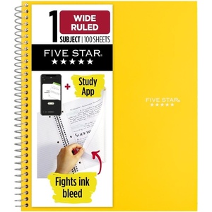 image:imageFive Star Spiral Notebook  Study App 1 Subject Wide Ruled Paper 8 x 105 100 Sheets Fights Ink Bleed Water Resistant Cover Vivid Yellow 930010CJ1Vivid Yellow
