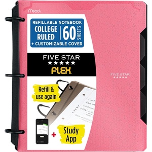 image:imageFive Star Flex Refillable Notebook  Study App 1 Inch ORings Binder with Pockets Tabs and Dividers 220 Sheet Capacity Includes 60 Sheets 85 x 11 College Ruled Paper Prom Pink 293260RProm Pink